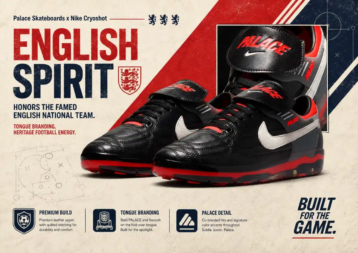 Palace et Nike dévoilent la Cryoshot Air Speed M, une sneaker inspirée du football anglais