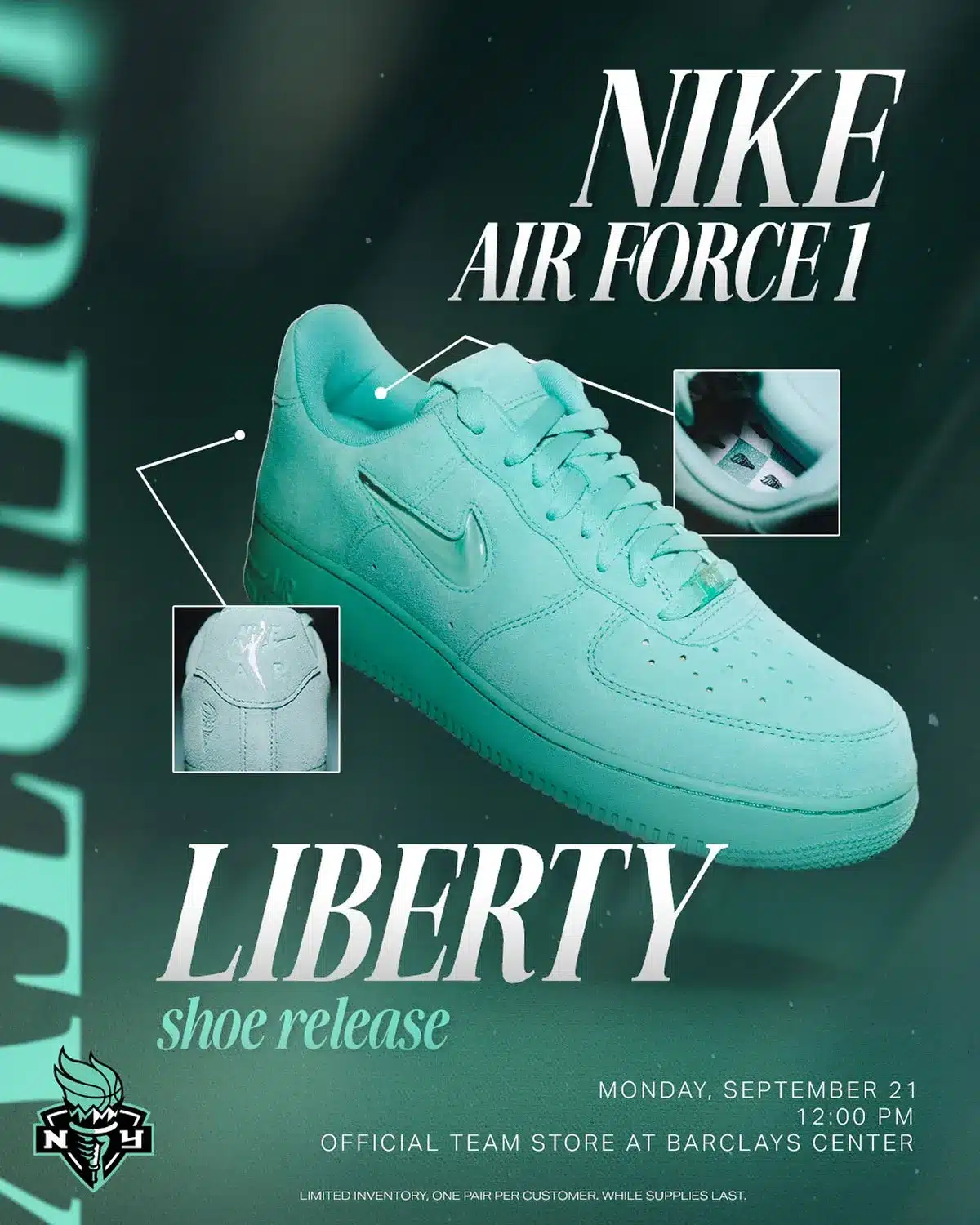 New York Liberty x Nike Air Force 1 Low Jewel : l’icône new-yorkaise se pare du vert de la Statue de la Liberté